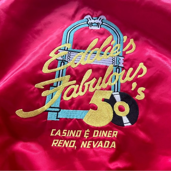 Vintage 80s Eddie's Casino & Diner Satin Bomber Jacket - Picture 2 of 5